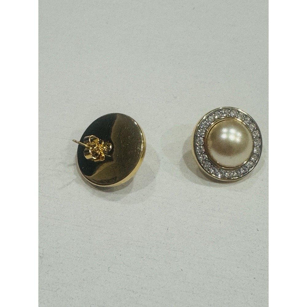 Swarovski Pearl Crystal Halo Stud Earrings Gold Tone Swan Signed - Picture 2 of 3